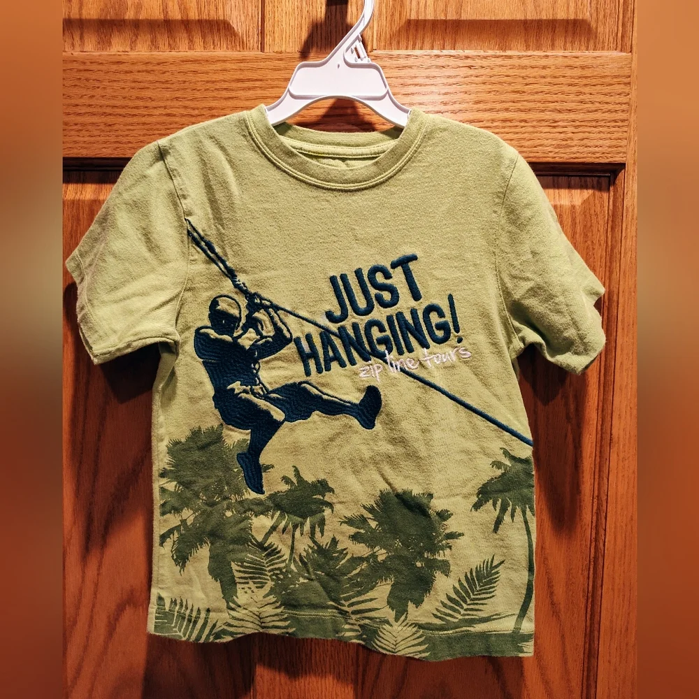 Gymboree Green Short Sleeve Tee with Tropical Zip-line Embroidered Teal Graphic